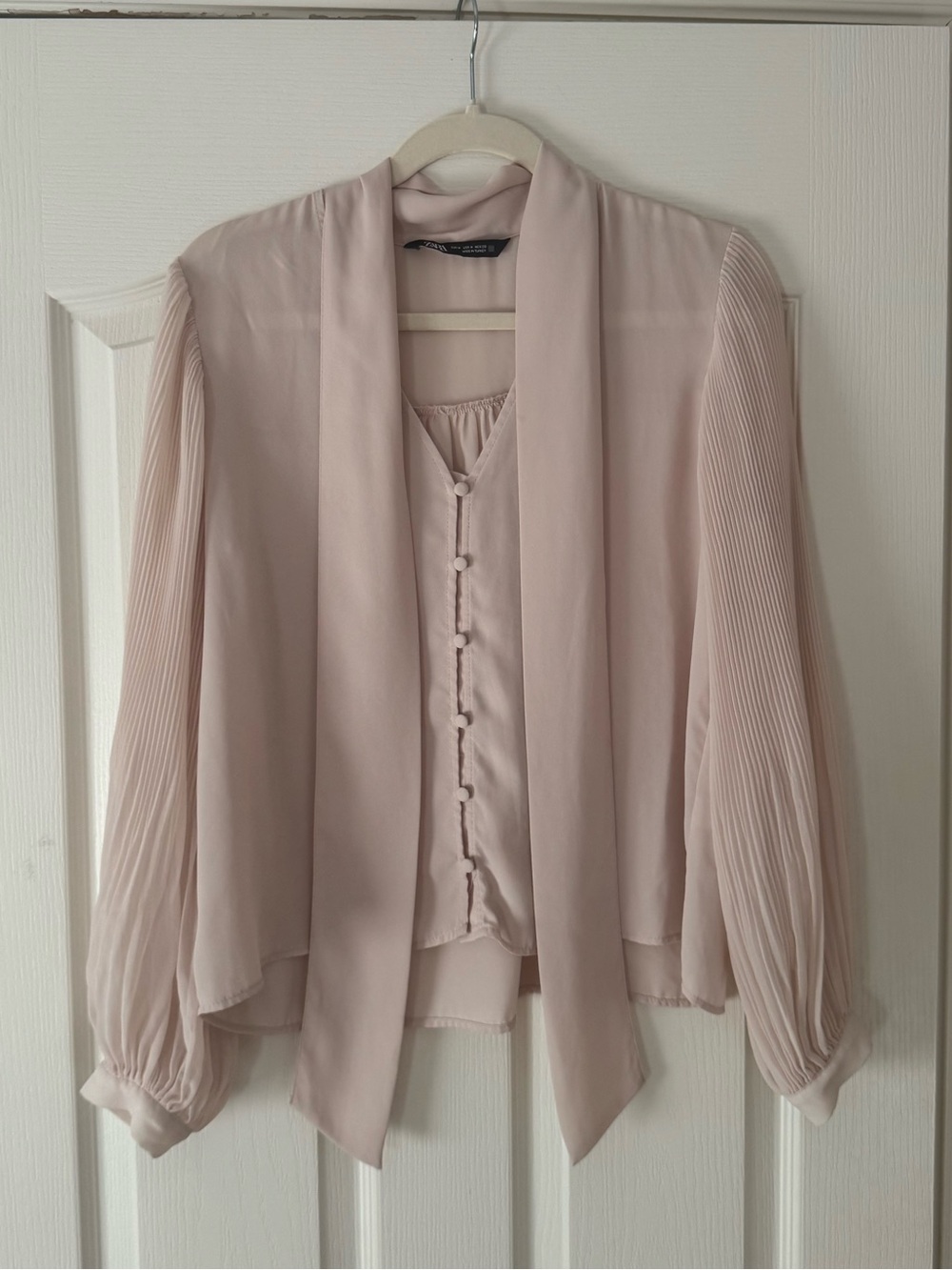 Zara Cream Chiffon Button Front Blouse with Pleated Sleeves